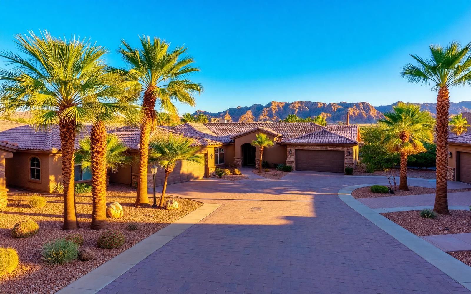 Bella Pasa Peoria Arizona — desert-contemporary single-story homes with stone facades, paver driveways, and mountain views