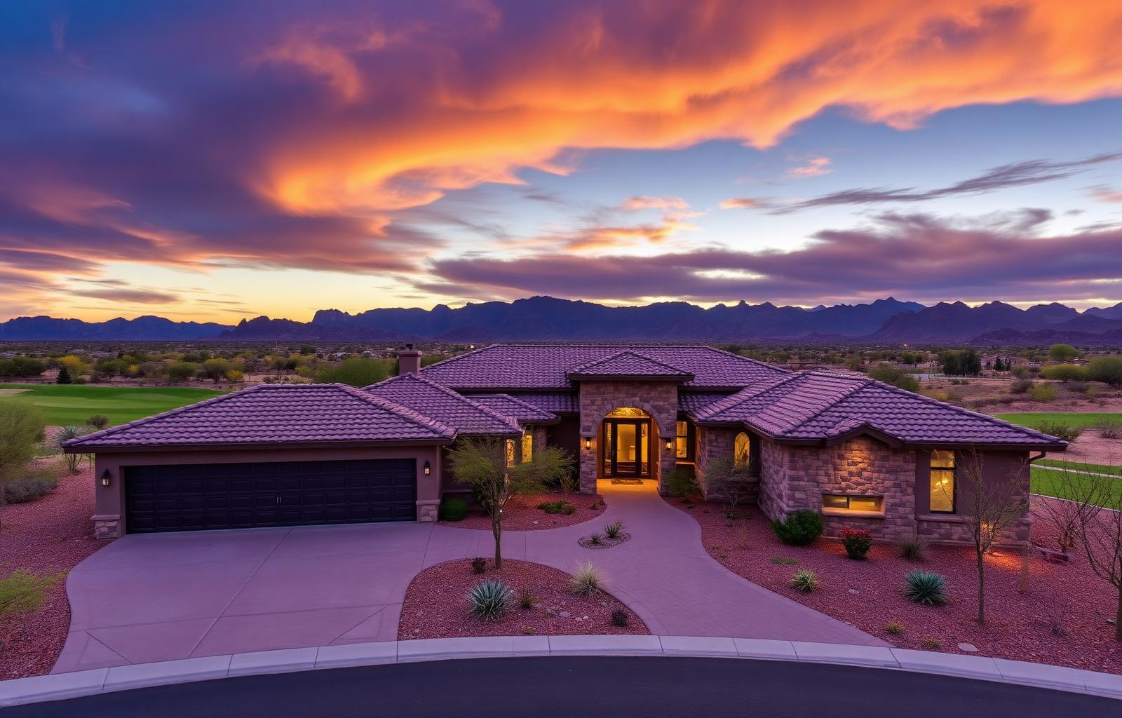 Blackstone at Vistancia custom luxury home along private golf course at dusk