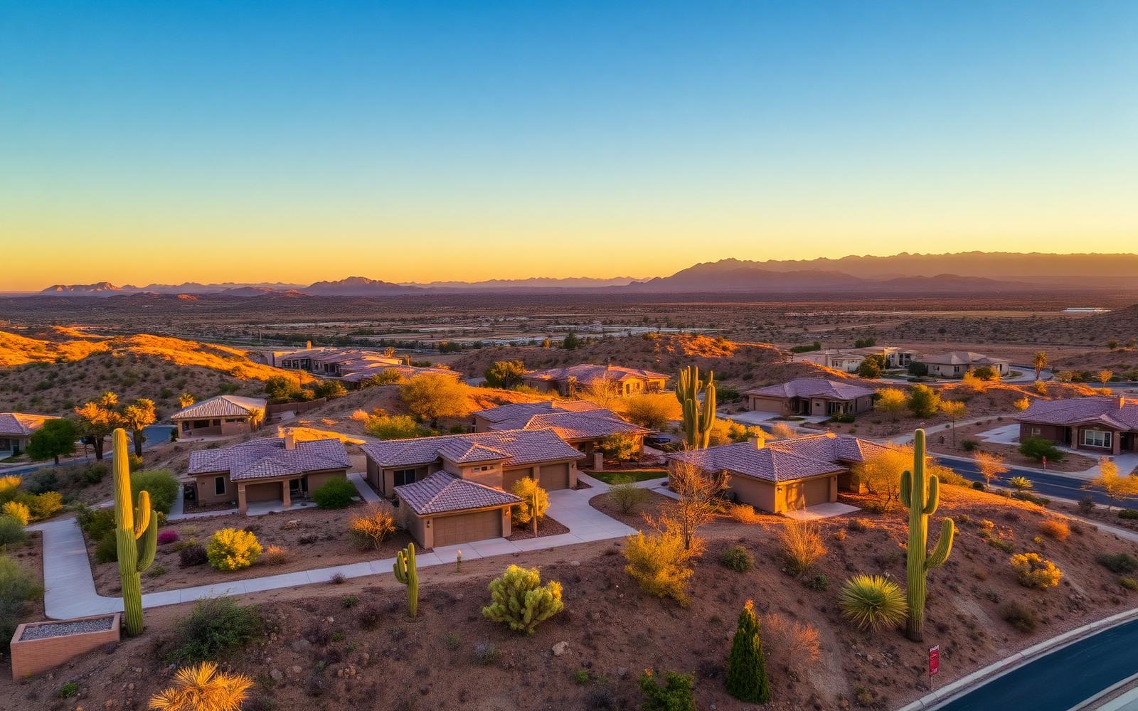 Stetson Valley north Phoenix — tile-roof homes on desert hillsides with saguaro cacti and mountain views at golden hour