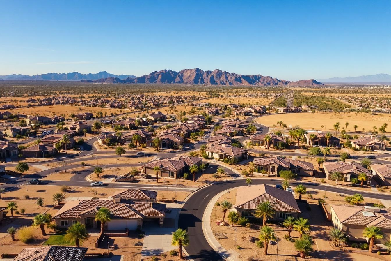 Aerial view of a master-planned community in Surprise, Arizona with desert landscaping and mountain backdrop
