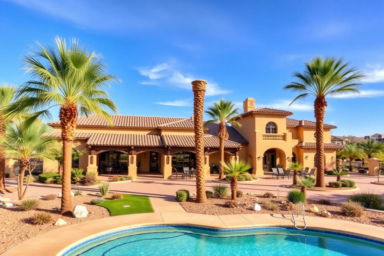 The Grand 55+ active adult community clubhouse in Surprise, Arizona with resort pool, palm trees, and Southwestern architecture