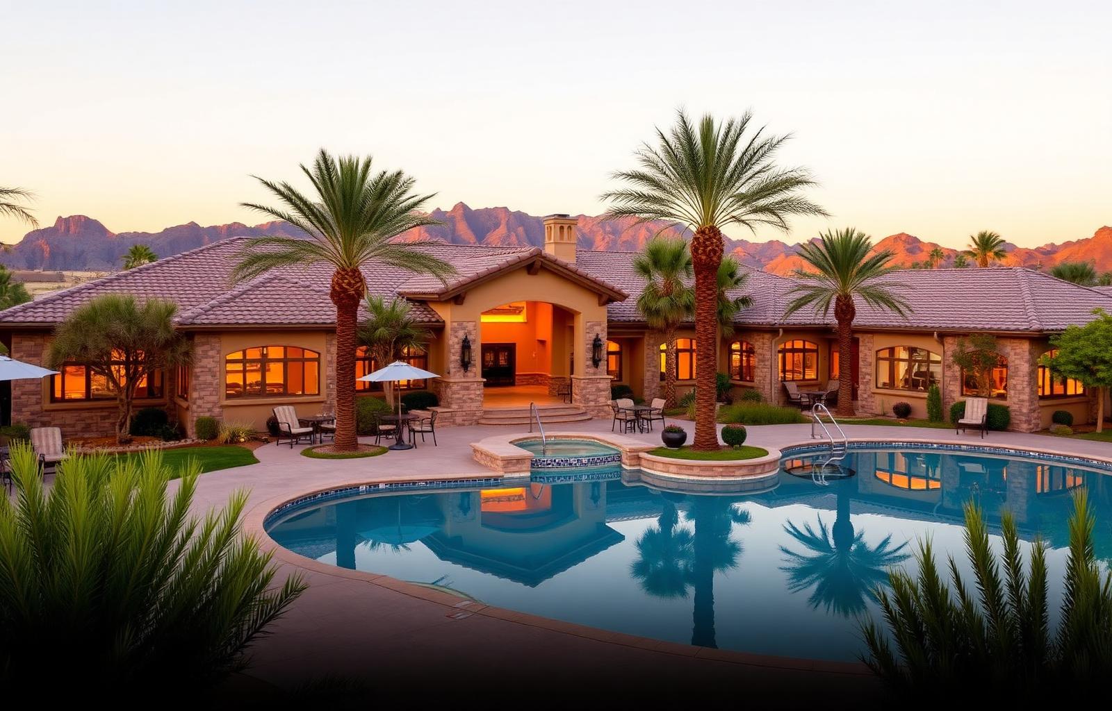 Trilogy at Vistancia 55+ resort community clubhouse with palm trees and resort pool
