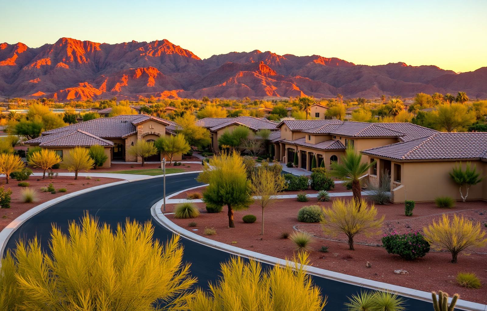 Vistancia master-planned community in North Peoria, Arizona with resort-style pool, palm trees, and desert mountains