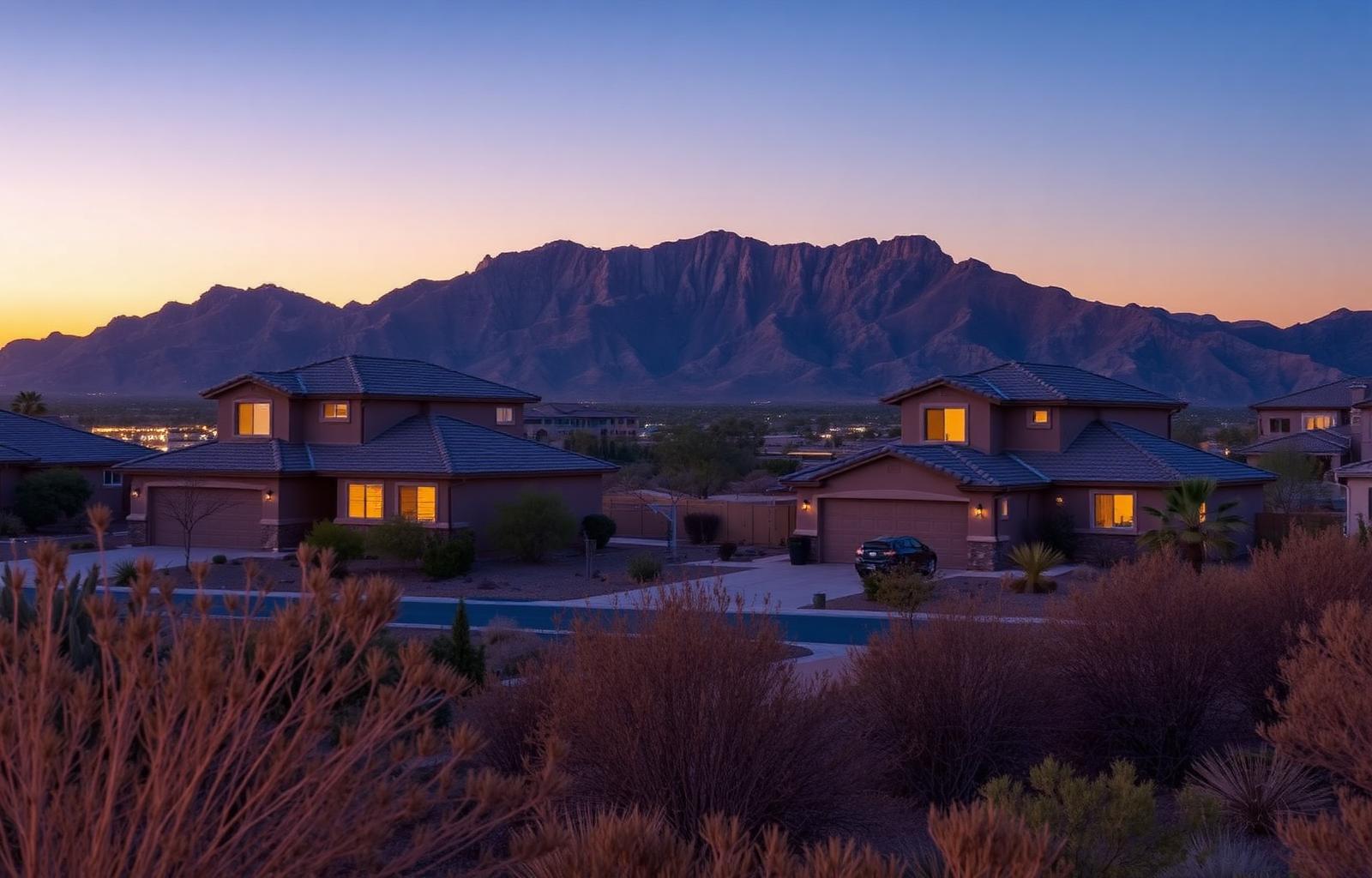 West Wing Mountain Peoria, two-story view homes against Sunrise Mountain at dusk